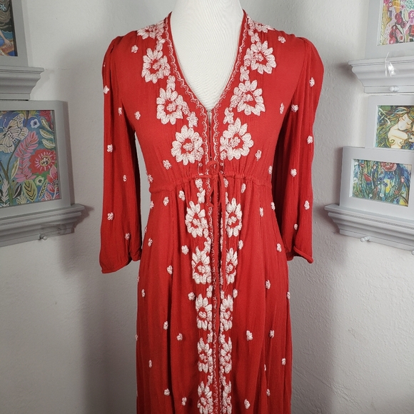 Free People Red White Embroidery Bohemian Boho Midi Oversized XS - Picture 6 of 16